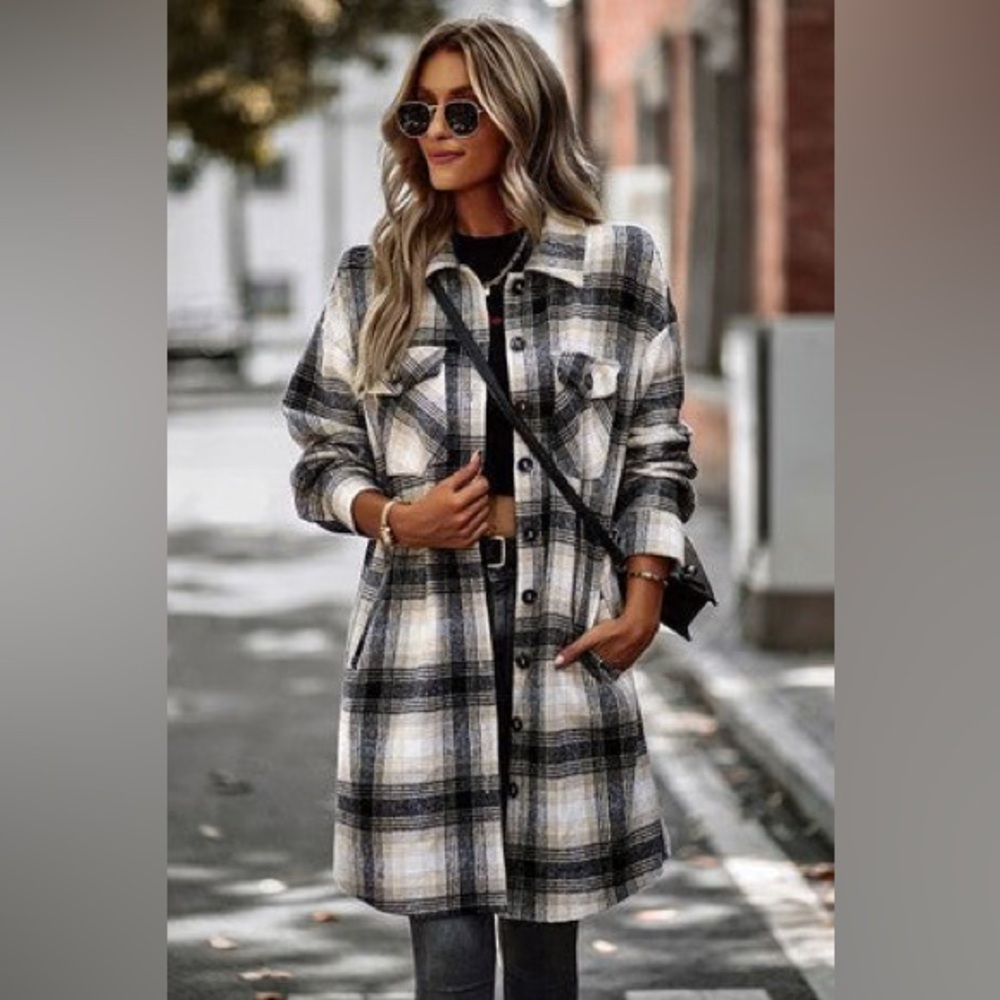 Plaid Button Down Shacket Jacket Long Sleeve Coat With Pockets